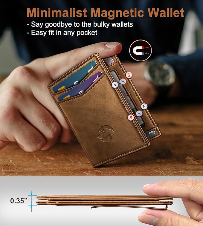 Housmai Magnetic Closure Slim Wallet for Men with Money Clip Gift Boxed,Genuine Leather Front Pocket Wallet, 3.9"x 2.7", RFID Blocking