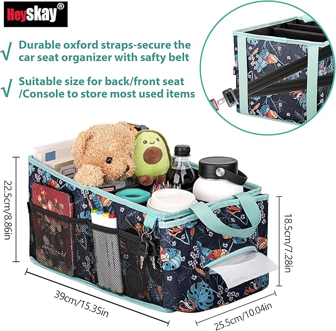 HEYSKAY Car Organizer with Tissue Box, Coffee Cup Drink Holder, Toy Books Storage for Car (Grey)