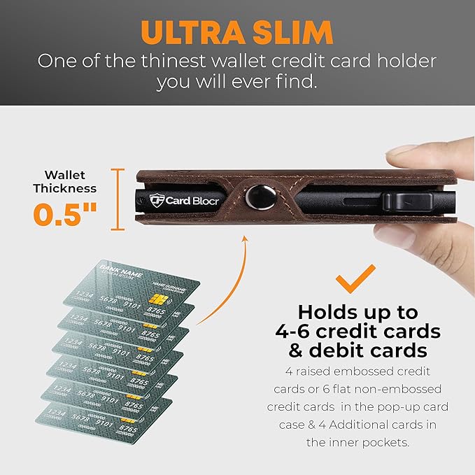 Conceal Plus Wallet for Men, Pop Up Wallet Credit Card Holder - RFID Blocking, Slim Minimalist Credit Card Case (Distressed Brown Genuine Leather)