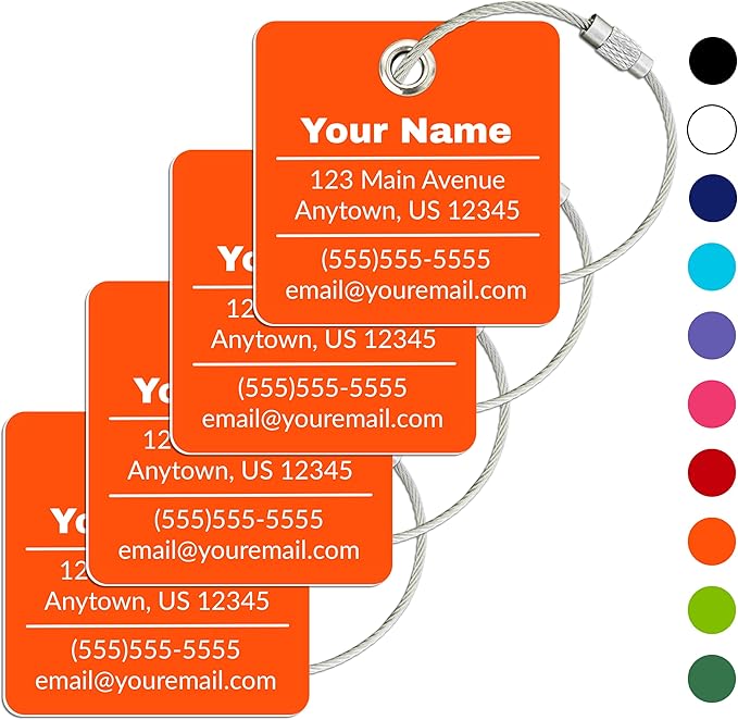 Personalized Luggage Tag | 4 Pack | Custom Luggage Tags for Suitcases | Kids Backpack Tag | 10 Color Options & Choose Font, Font Color