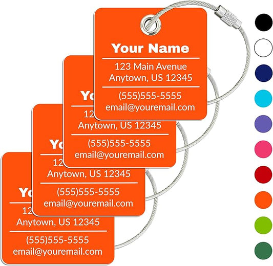 Personalized Luggage Tag | 4 Pack | Custom Luggage Tags for Suitcases | Kids Backpack Tag | 10 Color Options & Choose Font, Font Color