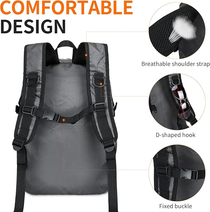 Small Hiking Backpack 35L Travel Lightweight Hiking Packable Daypack Water-Resistant Foldable Backpacks for Women Men Camping (Grey)