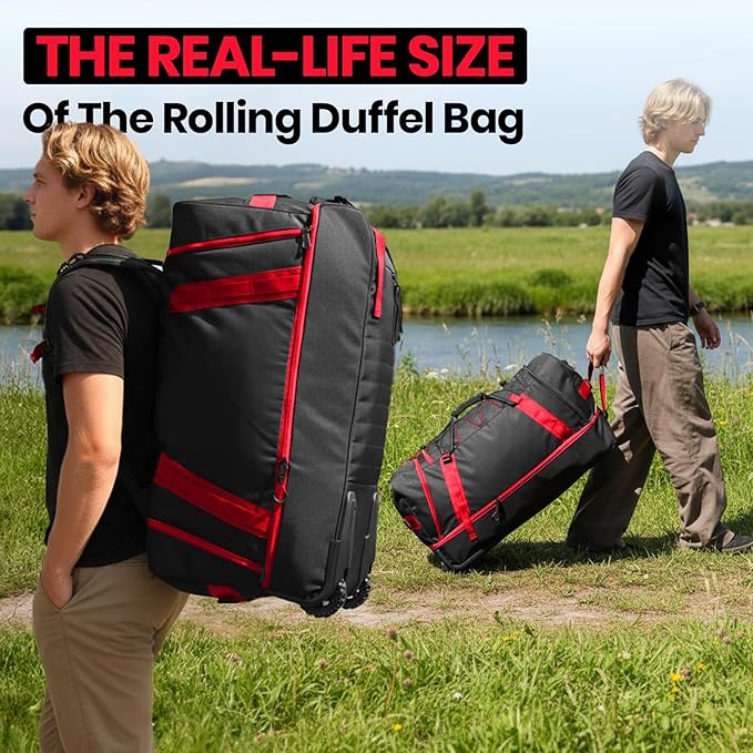 Fanwoli 85L 100L Large Rolling Duffle Bag with Shoes Compartment, 30’’ Expandable & Foldable Heavy Duty Water Resistant Travel Backpack, Convertible Foldable Duffel for Gym Camping Weekender