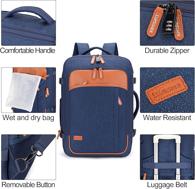 Lumesner Carry on Travel Backpacks, Extra Large 40L Flight Approved for Men & Women,Expandable Suitcase backpack (Blue (Backpack With 4 Packing Cubes))