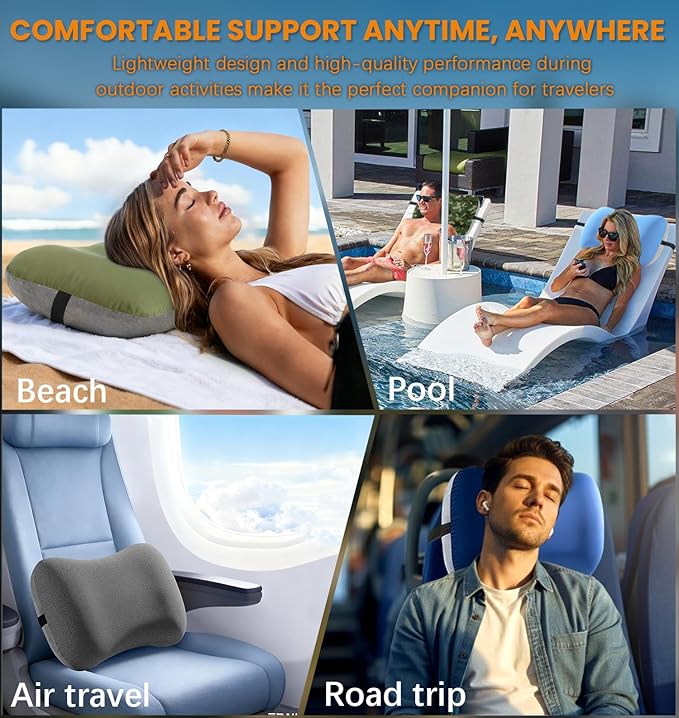 Inflatable Neck Pillow for Travel Camp Beach Air Blow Up Small Ultralight Lake Day Accessories Hammock Beachy Mat Picnic Blanket Towel Umbrella Tent Outdoor Essentials Stuff Thing Need Supplies Item