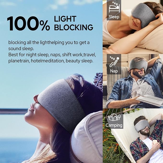 Cotton Sleep Eye Mask for Men Women, 100% Blocking Light Sleeping Mask for Side Sleeper, Soft Zero Pressure Cooling Blackout Eye Masks for Sleep, Eye Covers for Sleeping fits All Heads Adjustable