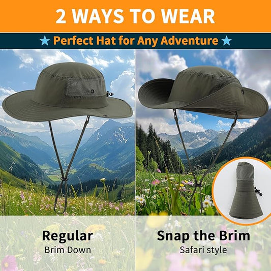 Home Prefer UPF50+ Mens Sun Hat Wide Brim Womens UV Protection Beach Bucket Hat for Fishing Hiking Snap Up Cowboy Hat