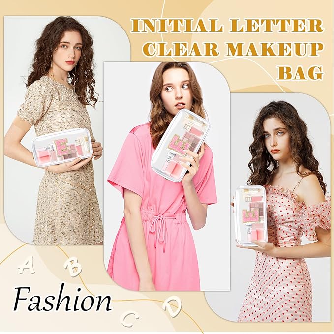 Personalized Initial Letter Clear Makeup Bag,Preppy Small Nylon&PVC Cosmetic Zipper Bag with Chenille Letter,Travel Skincare Toiletry Bag,Monogram Christmas Gift for Teen Girls Women,E