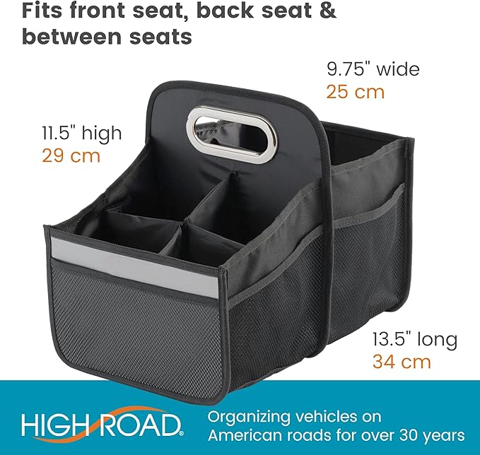 High Road Car Caddy with Cup Holders - Front Seat Organizer for Drivers or Back Seat Organizer for Kids - Portable Car Organizer with Easy One-Handed Carry Handle