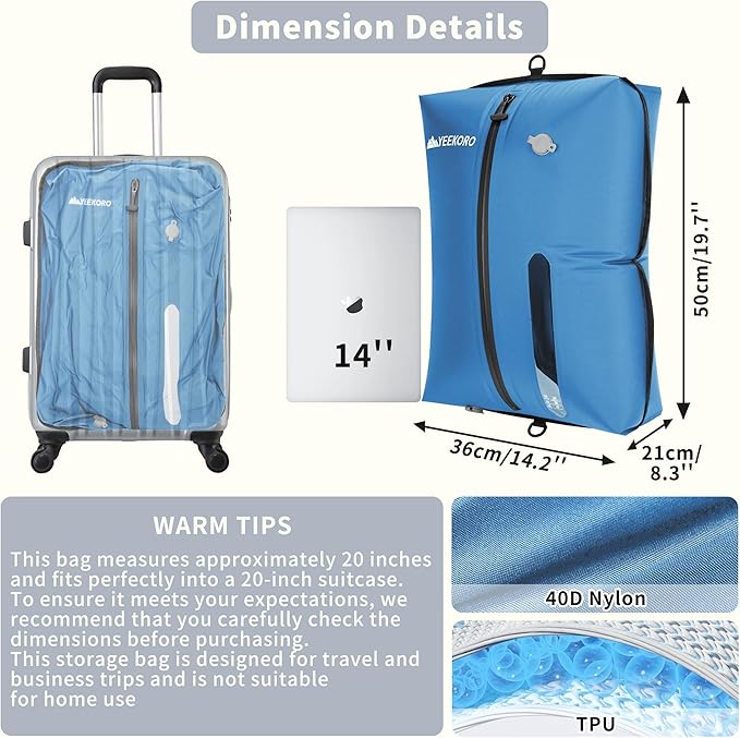 Vacuum Bag for Travel, Professional IPX8 Waterproof Reusable Vacuum Compression Bags for Travel Suitcases, Durable Space Saver Bag(2 PACK,With Pump)