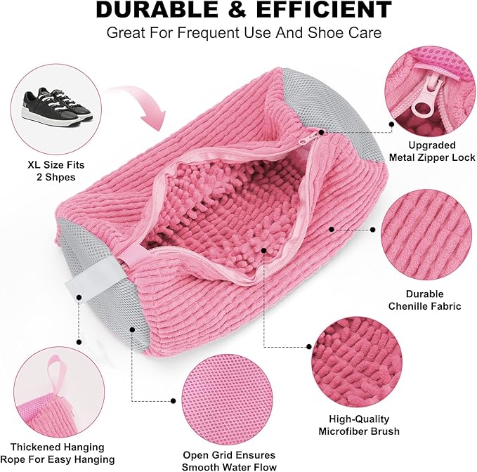 Shoe Washing Machine Bag - Laundry Shoe Bag (2-Pack) Includes 3 Laundry Bags, Reusable, Washer & Dryer Safe, 360° Deep Cleaning for All Shoe Types, Self-Locking Zipper(Pink)