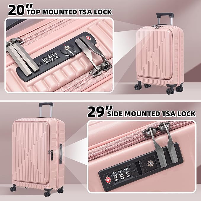 2 Pieces 20/29 Luggage Sets, 20 Inch Cabin Luggage with Front Pocket & 29 Inch Side Opening Suitcase, Ligthweight ABS+PC Hardshell, Pink