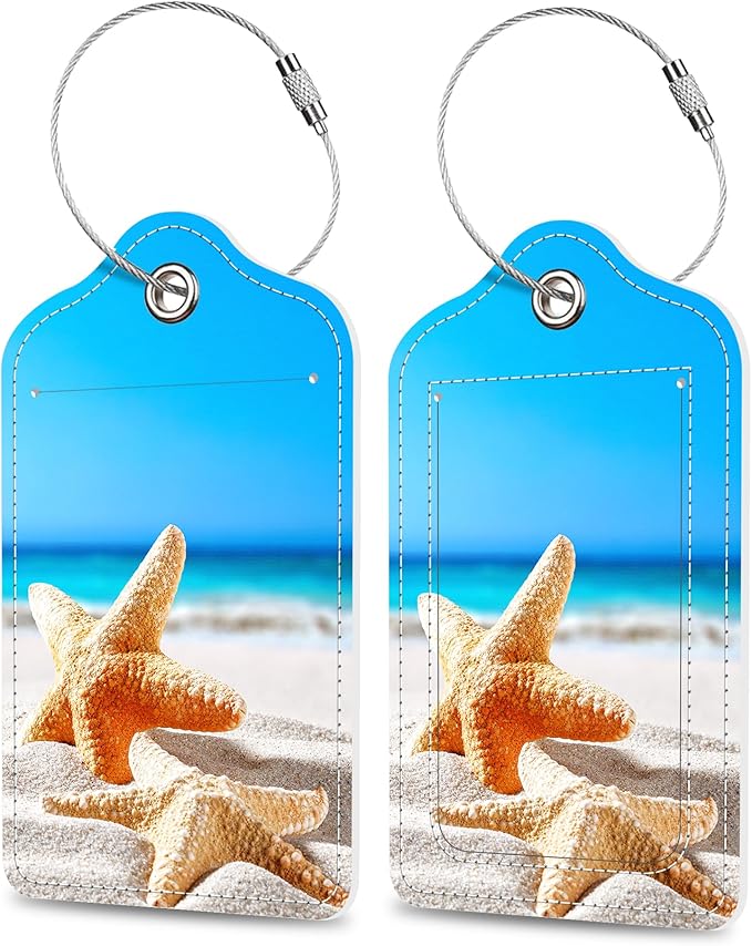 2 Pack Luggage Tags for Suitcase Sea Shells on The Seashore Leather Stainless Steel Loop Label Tags for Women Men Travel Bag Suitcase with Privacy Cover Name ID Card