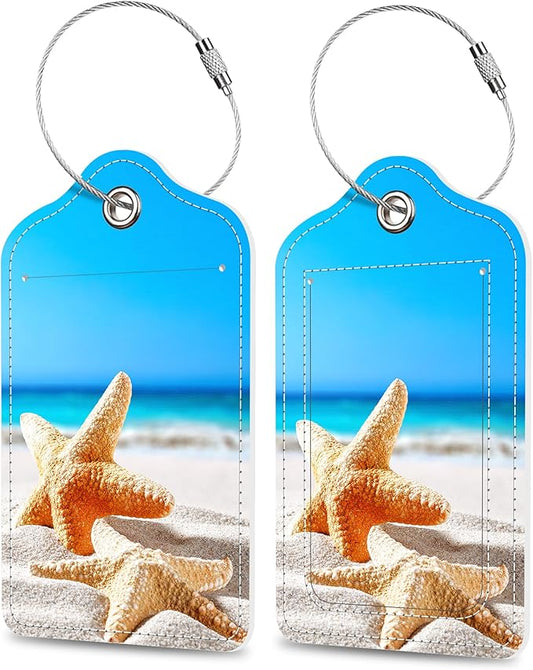 2 Pack Luggage Tags for Suitcase Sea Shells on The Seashore Leather Stainless Steel Loop Label Tags for Women Men Travel Bag Suitcase with Privacy Cover Name ID Card