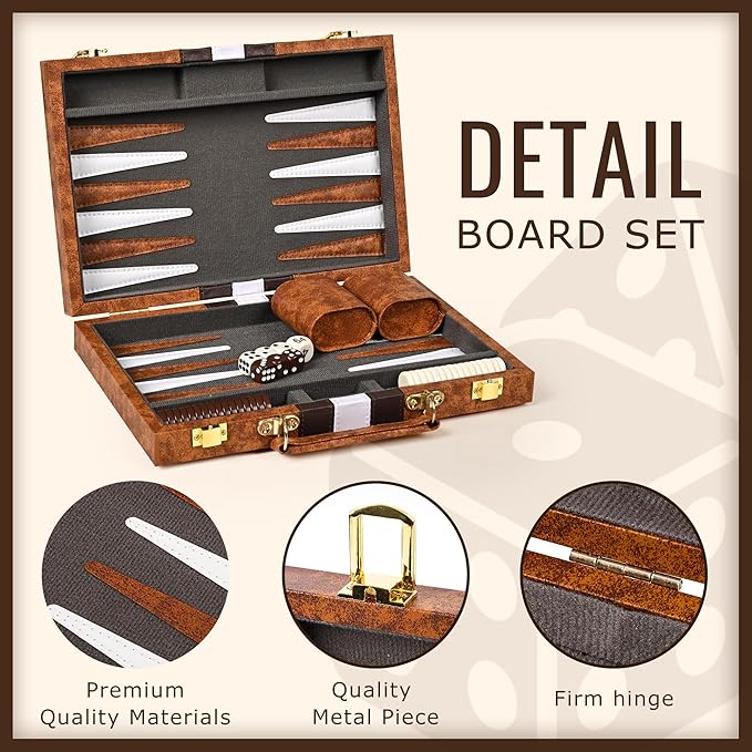 ropoda Backgammon Board Game Set (11 Inches) for Adults and Kids,Classic Board Strategy Game,Portable and Travel Backgammon Set with Premium Leather Case,Best Strategy & Tip Guid