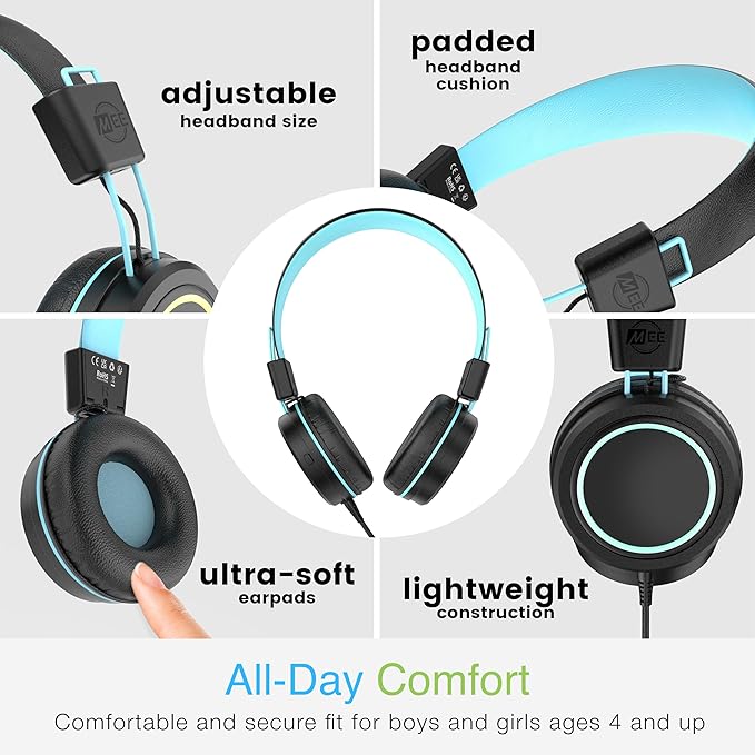 MEE audio KidJamz KJ55 USB-C Headphones for Kids w/LED Lights, Volume Limiter, Microphone On-Ear Wired Children's Headset for iPhone 15/16/17, iPad, Other USB Type C Devices (Plain Black)