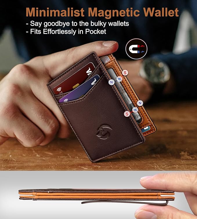 Housmai Magnetic Closure Slim Wallet for Men with Money Clip Gift Boxed,Genuine Leather Front Pocket Wallet, 3.9"x 2.7", RFID Blocking