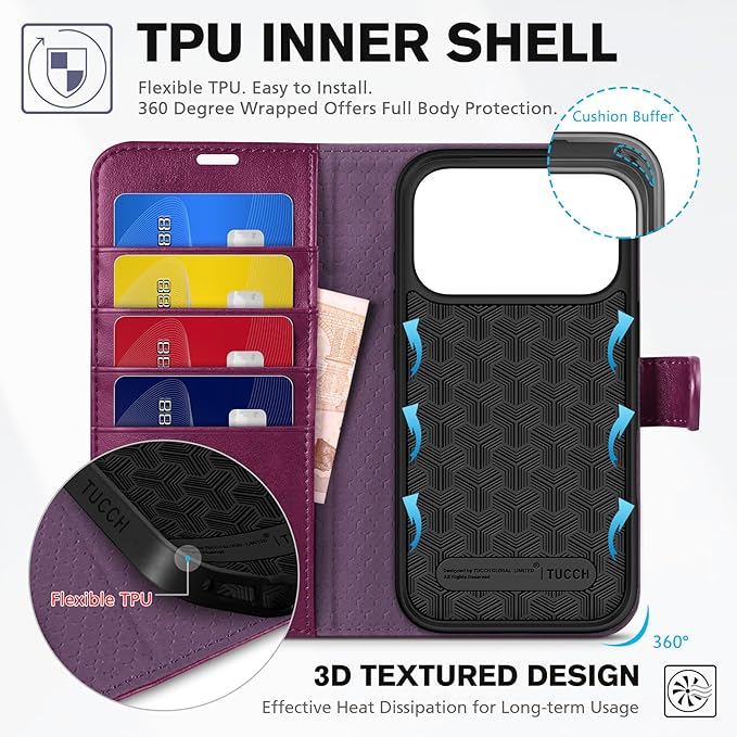 TUCCH Wallet Case for iPhone 17 Pro (6.3") 2025, RFID Blocking 4 Card Holders | Kickstand | Shockproof TPU Shell | PU Leather | Magnetic Closure | Protective Flip Folio Cover | Plum Purple