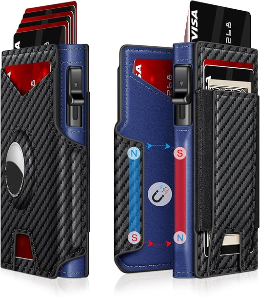 Airtag Wallet for Men, Minimalist Slim Mens Wallet Smart Pop Up Credit Card Holder for 9-13 Cards, RFID Blocking Wallet with ID Window & Cash Slot, Compact Bifold Metal Aluminum Card Case