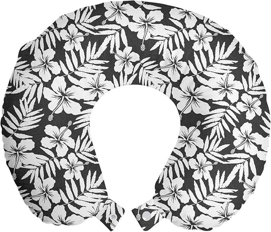 Ambesonne Tropical Travel Pillow Neck Rest, Artisan Exotic Hibiscus Flowers Fern Leaves Pattern Nature Plant Picture Art, Memory Foam Traveling Accessory for Airplane and Car, 12", White Grey