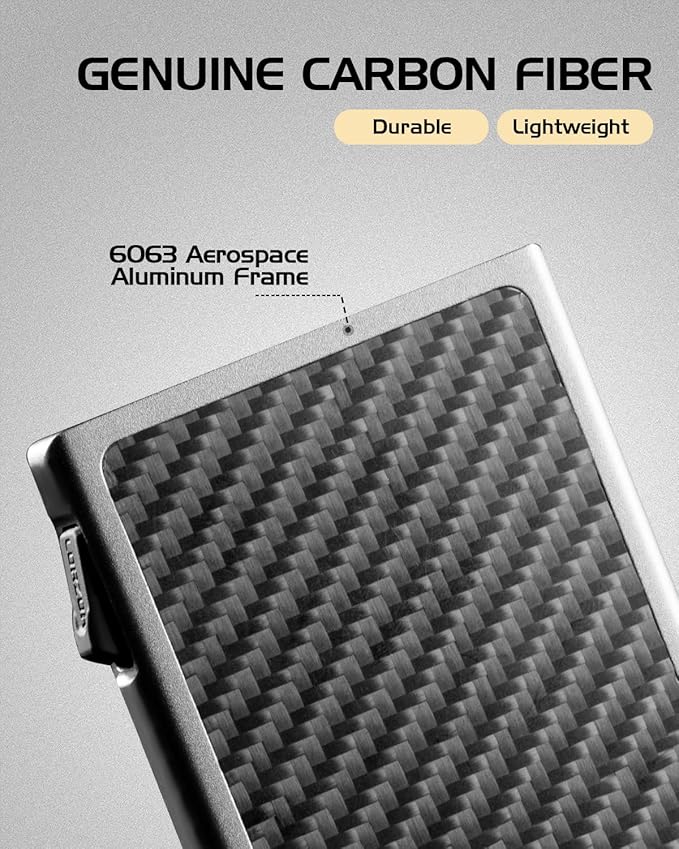 LORZOR Carbon Fiber Wallet for Men, 0.3IN Ultra-slim Minimalist Card Holder with Money Clip, Trigger Button for Quick Card Access, Ultra-light Aerospace Aluminum, RFID-Blocking, Gift Box