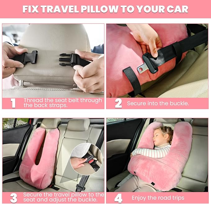 Travel Pillow Car Pillow for Kids, Car Sleeping Pillow for Adults and Kids Support Head and Neck on Road Trips Pink