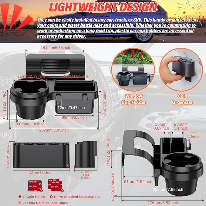 Extra Hanging Car Door Window Drink Coffee Cup Holder with Storage Organizer Tray | Coin Holder Change Organizer Fits Most Vehicles, Trucks Interior Car Gadgets Accessories