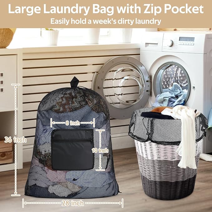 OTraki Mesh Laundry Bags 36 x 28 Inch Extra Large Drawstring Laundry Mesh Wash Bag with Shoulder Straps Heavy Duty Dirty Clothes Travel Laundry Backpack for Home College Dorm Apartment Black