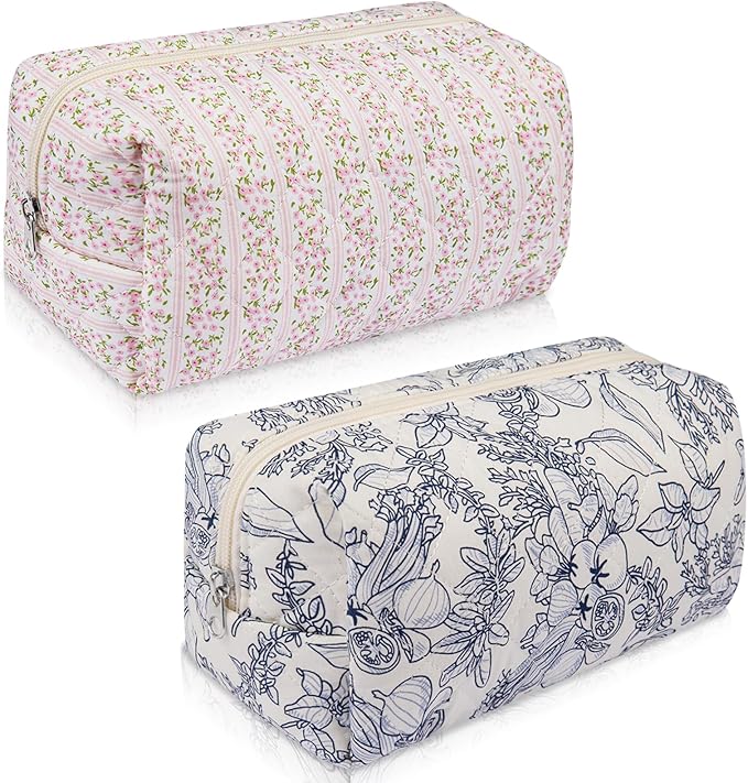 2 Pack Floral Makeup Bag, Cute Cosmetic Bag for Women Girls, Quilted Cotton Make up Pouch, Travel Makeup Bags, Portable Storage Toiletry Organizer Bag(Pink+Navy Blue)