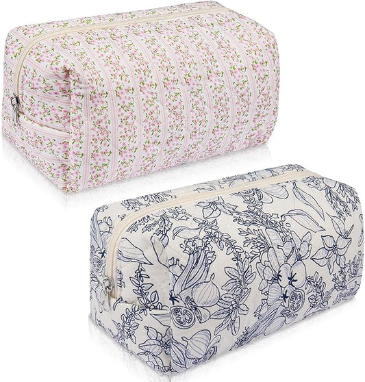 2 Pack Floral Makeup Bag, Cute Cosmetic Bag for Women Girls, Quilted Cotton Make up Pouch, Travel Makeup Bags, Portable Storage Toiletry Organizer Bag(Pink+Navy Blue)