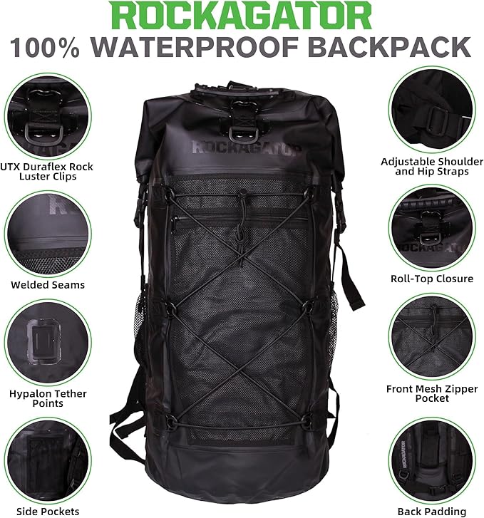 Rockagator Kanarra 90L Waterproof Backpack for Camping, Hiking, Mountaineering, Backpacking, Hunting, Fishing, Canoeing, Outdoor Activities, The Wet Outdoors - Large Capacity, Roll Top Closure, Black