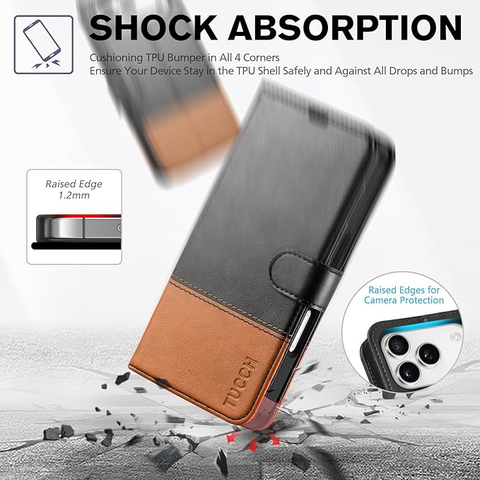 TUCCH Wallet Case for iPhone 17 Pro (6.3") 2025, RFID Blocking 4 Card Slots, Kickstand, Shockproof TPU Shell, PU Leather, Magnetic Closure, Protective Flip Folio Cover, Black & Brown