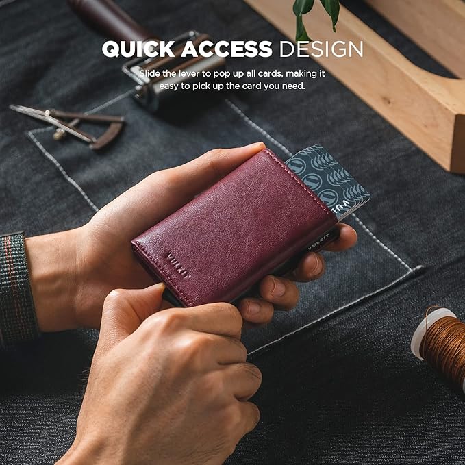 VULKIT Pop up Card Wallet Minimalist Cash Wallets RFID Blocking Leather Smart Credit Card Holder with ID window for Men(Wine)