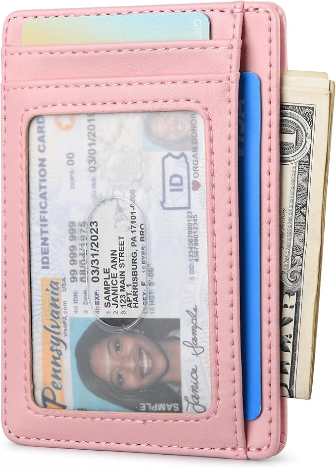 Buffway Slim Minimalist Front Pocket RFID Blocking Leather Wallets for Men and Women - Alaska Pink