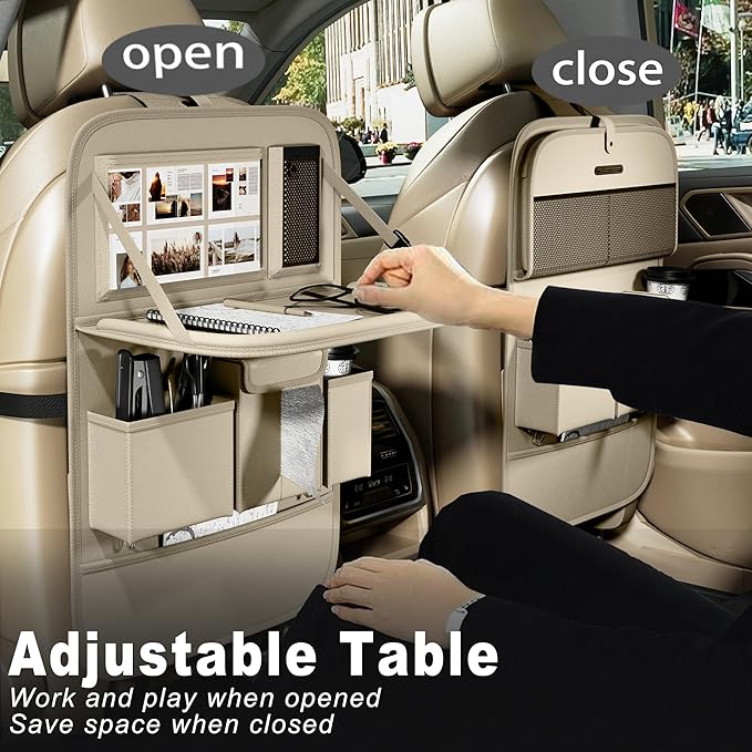 Car Seat Organizers,Multi-functional Back Seat Protectors, Storage Pouches, and Tray Holders (for Cars, Kids, Seat Back and Rear Seats) (Plain Beige, 2 Pcs)