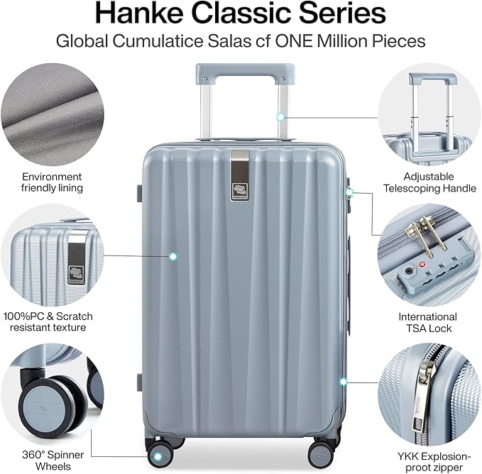 Hanke 24 Inch Luggage Suitcases With Spinner Wheels Lightweight PC Hard Shell Rolling Suitcase With Travel Lock,Checked-Medium 24-Inch(Gray)