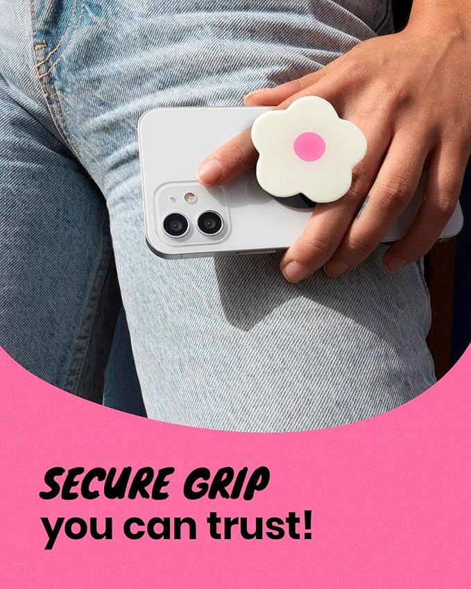 OnTheGrip Cute Solid Color Daisy Flower Design Collapsible Mobile Phone Grip Stand Holder for Smartphone Tablet Cell Phone Accessory (White Pink)