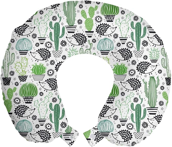 Ambesonne Cactus Travel Pillow Neck Rest, Cartoon Style Inspired Drawing of Hedgehog Animals Saguaro and Prickly Pear, Memory Foam Traveling Accessory for Airplane and Car, 12", White Green