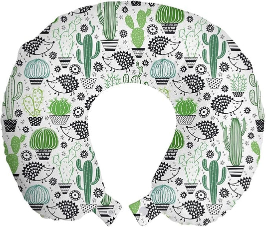 Ambesonne Cactus Travel Pillow Neck Rest, Cartoon Style Inspired Drawing of Hedgehog Animals Saguaro and Prickly Pear, Memory Foam Traveling Accessory for Airplane and Car, 12", White Green