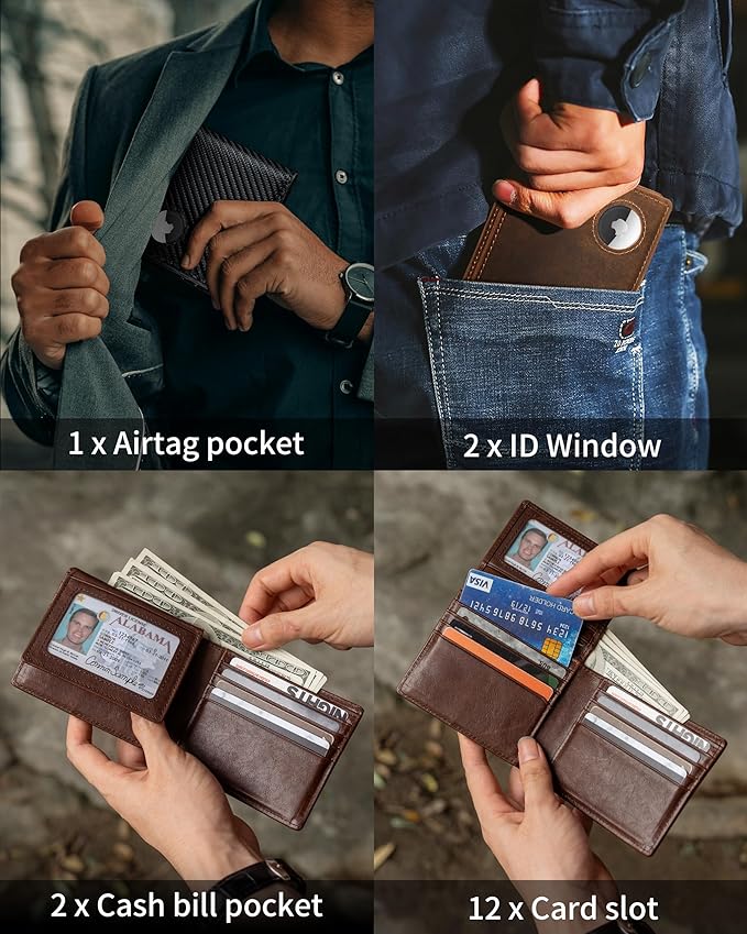 Mens Wallet With AirTag Holder, Bifold Leather RFID Blocking 1-2 ID Windows 12-13 Card Holders, Gift Box and Screen Protector Included, AirTag Not Included
