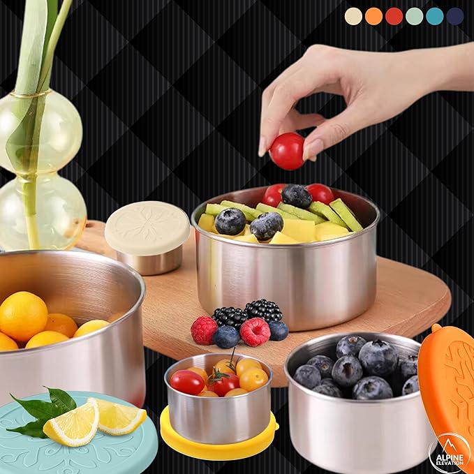 Alpine Elevation 12 Pcs - 6 Stainless Steel Containers + 6 Silicone Lids | 304 Stainless Steel Snack Container | Nesting Snack and Dip Containers | Metal Food Storage