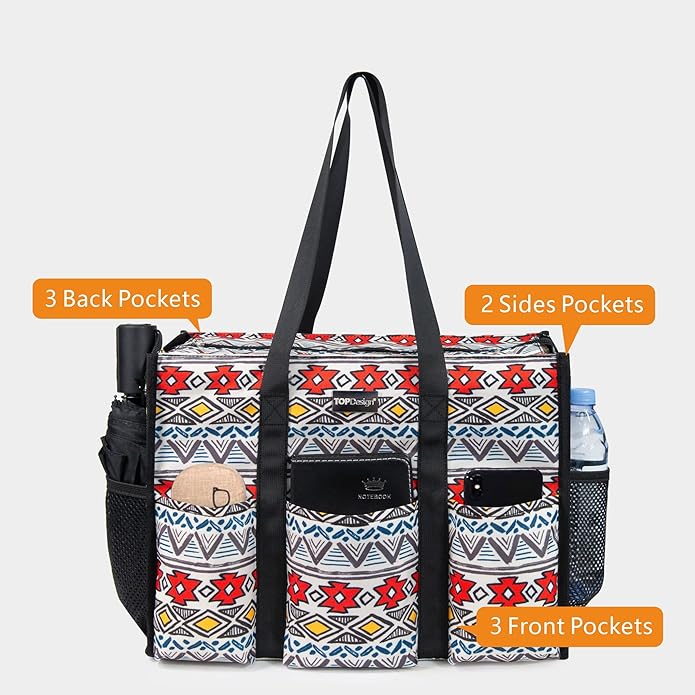 TOPDesign Utility Water Resistant Tote Bag with 13 Pockets, Top Zipper Closure & Thick Bottom Support, for Working Women