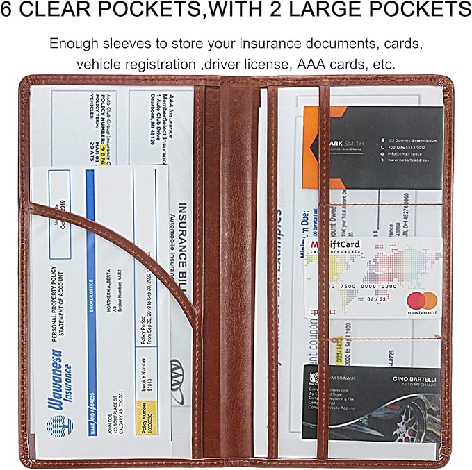 Premium Car Registration & Insurance Card Holder with Magnetic Shut, Vehicle Glove Box Car Organizer - For Documents, Cards, License (Brown)