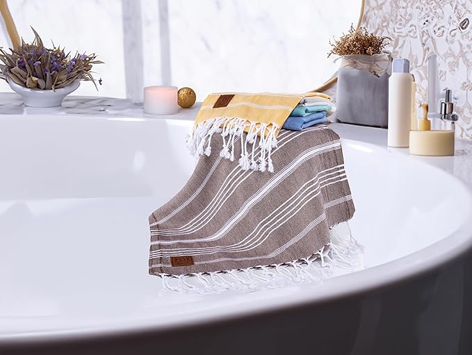 Gold CASE LYCIA Turkish Beach Towel Set of 6 – 100% Cotton Turkish Beach Towels Bulk 70 x 38'' – LYCIA Oversized, Quick Dry & Sand Free Beach Towel – Lightweight Towels Set in Mocha Mousse