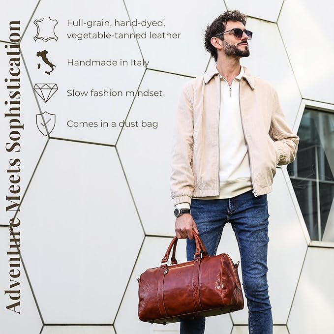 Full Grain Leather Small Duffel Bag Gym Bag Weekender Overnight Unisex Brown - Time Resistance