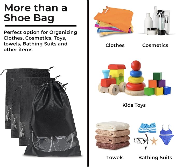 12 PCs Shoe Bags for Travel, Packing, Storage, Organizing & Suitcase. Reusable Dustproof & Water Resistant Sneakers Pouch Protectors with Clear Window & Drawstring. Laundry & Toys (Sand, Gray & Black)