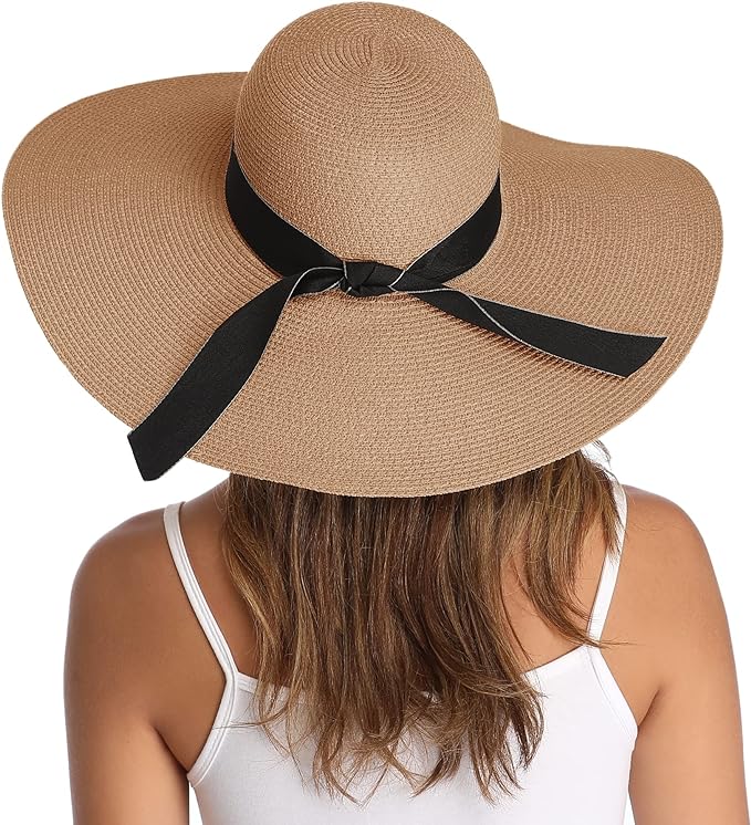 Lanzom Womens Wide Brim Straw Hat Big Floppy Foldable Roll up Cap Beach Sun Hat UPF 50+