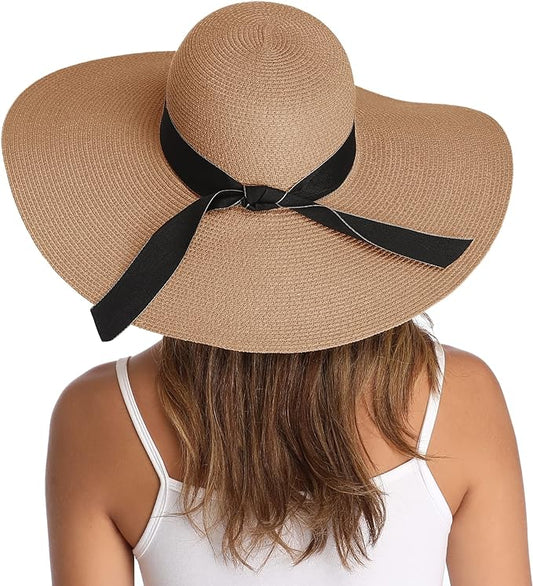 Lanzom Womens Wide Brim Straw Hat Big Floppy Foldable Roll up Cap Beach Sun Hat UPF 50+