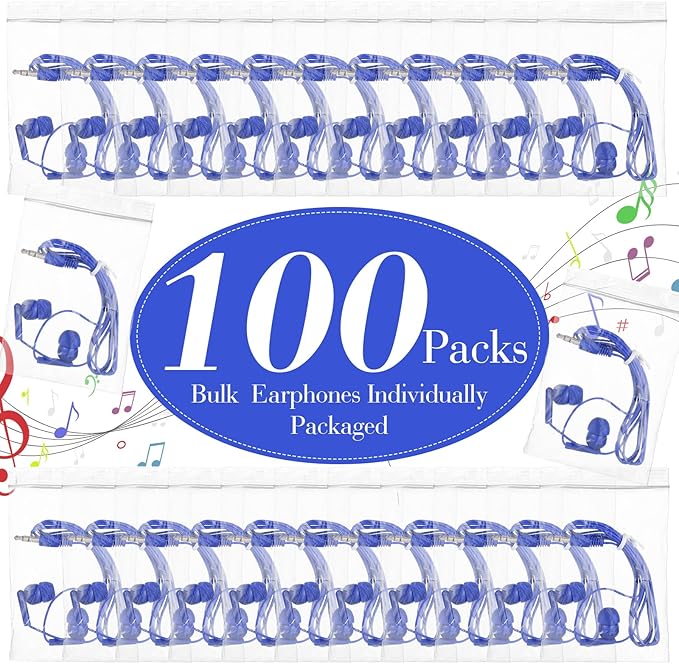 Kanayu 100 Packs Earbuds Bulk Basic Student Earphone Individually Bagged 3.5 mm Headphones for Schools Classrooms Library Teens Gift(Blue)
