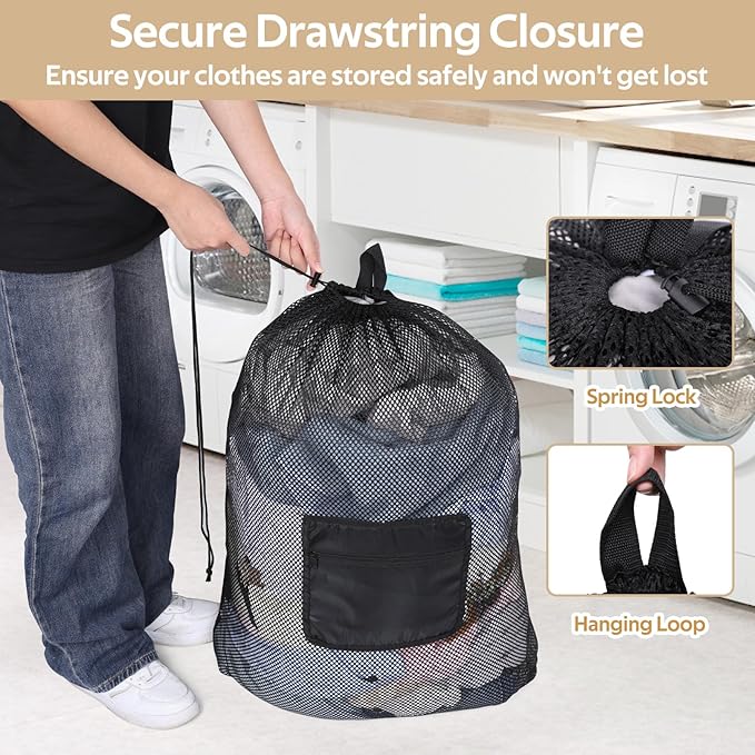 OTraki Mesh Laundry Bag Backpack 24x32 Inch Gym Drawstring Backpack Travel Dirty Clothes Bags with Pocket & Adjustable Shoulder Straps for Laundromat Home College Dorm Apartment (Black)